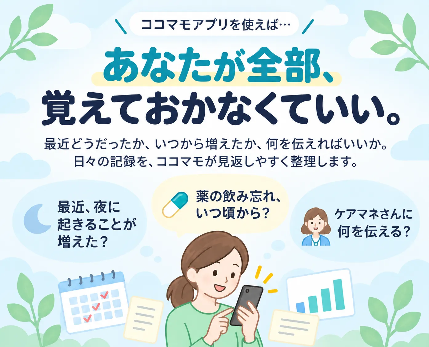 ココマモアプリを使えば、あなたが全部、覚えておかなくていい。日々の記録を、ココマモが見返しやすく整理します。